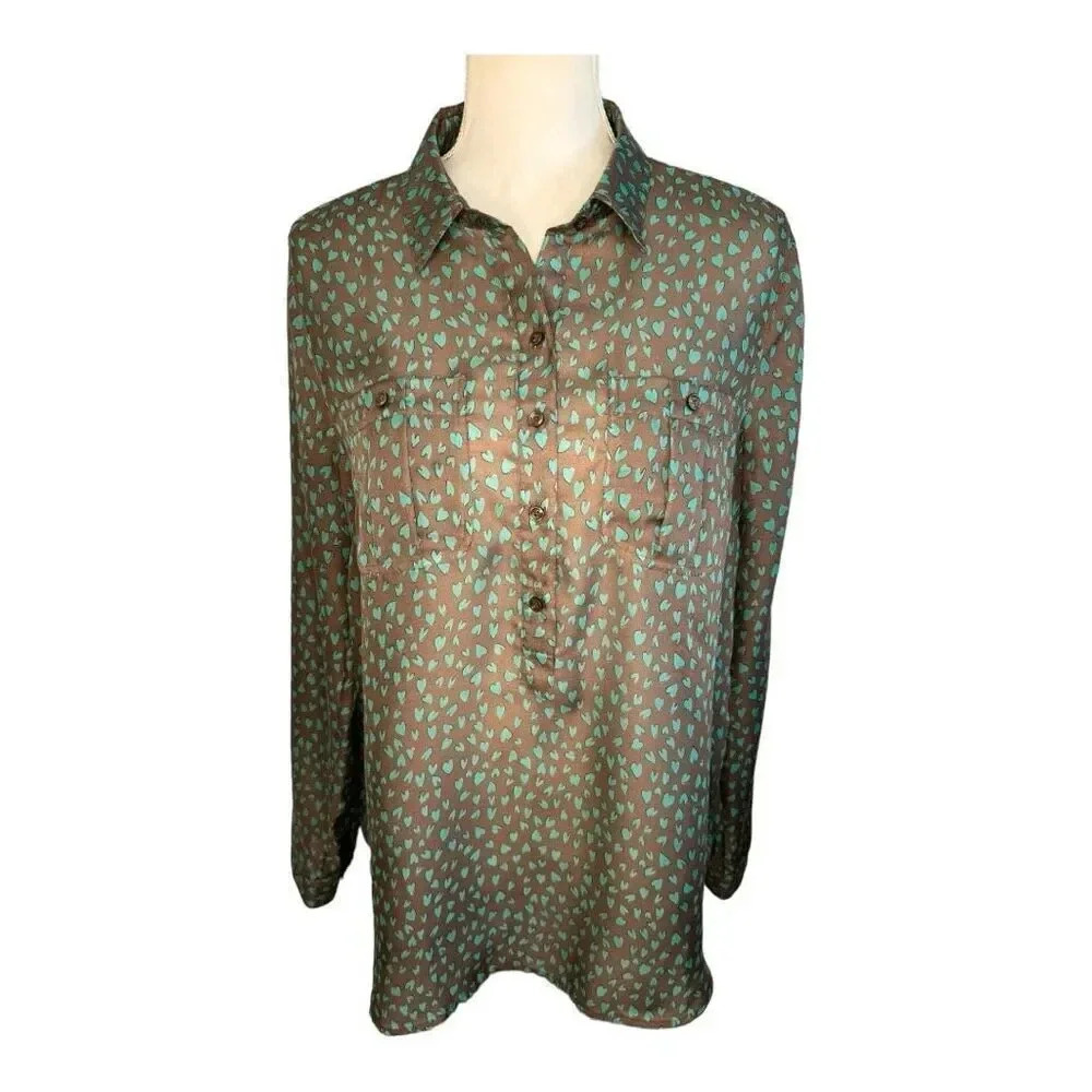LOFT Women’s Medium Brown Half Button Up Semi-Sheer Top With Green‎ Hearts